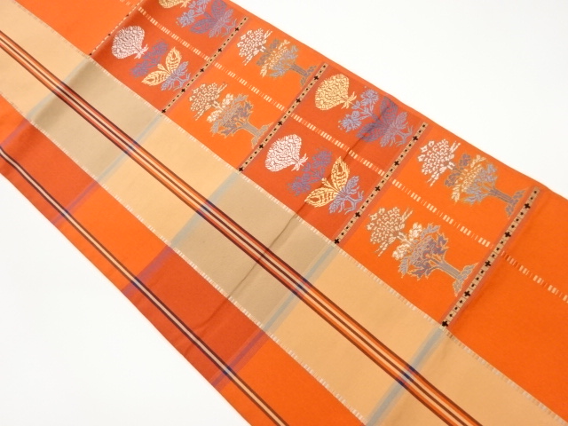 格子に草花模様織出し開き名古屋帯（額縁仕立て）